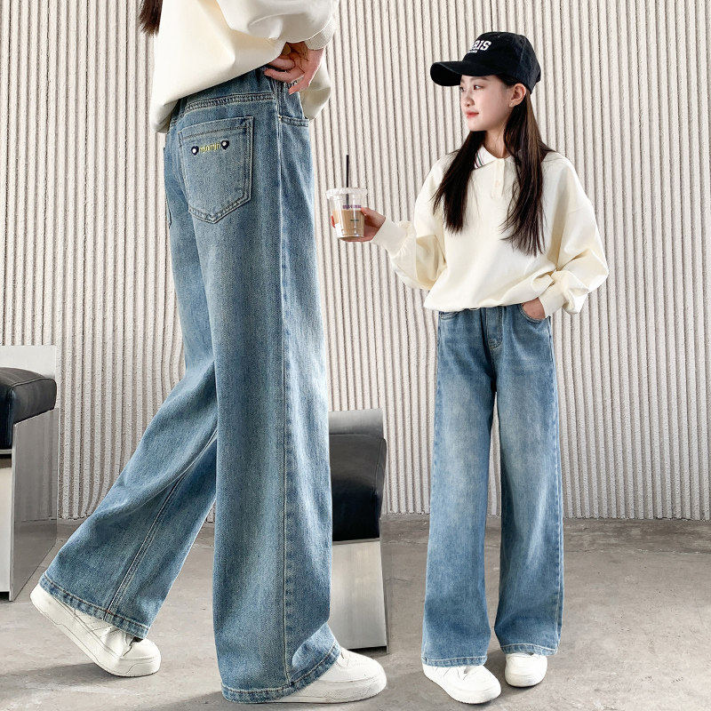 好看初中生女童牛仔裤阔腿裤裤子大童超春秋直筒儿童秋冬新款加绒