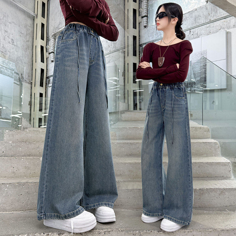 牛仔裤岁初中生女童春秋装12儿童7裤子阔腿裤中大童9直筒宽松秋季
