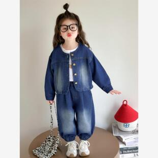 长袖 女童春秋季 女宝宝儿童洋气时髦秋款 牛仔套装 简约两件套潮 新款