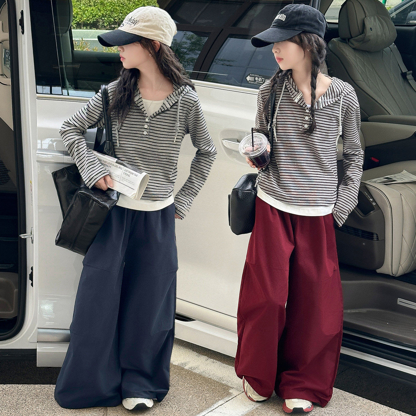 长袖t女童T恤2026卫衣儿童新款连帽大童春秋季套装洋气两件套条纹