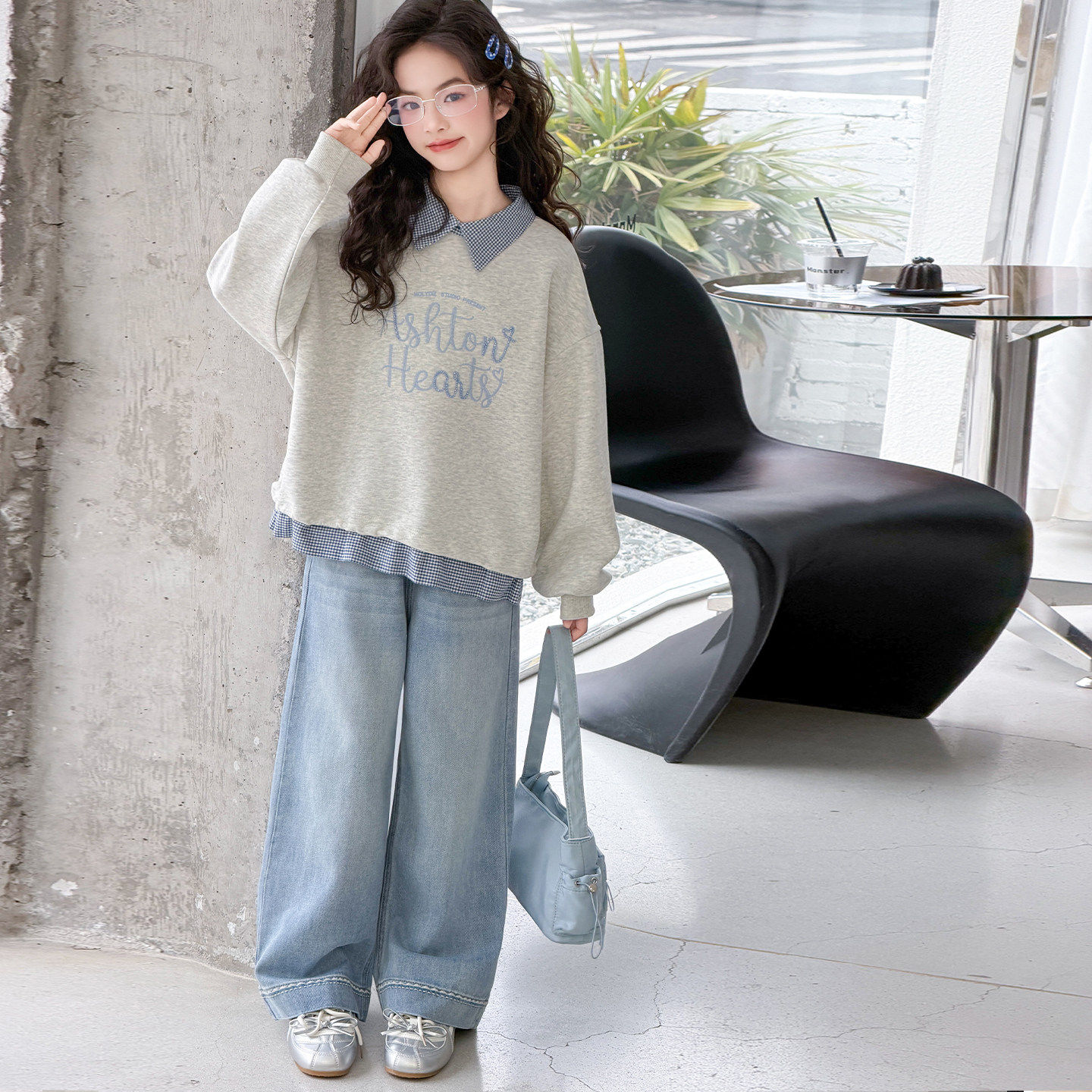 两件套女童新款假春装POLO休闲韩版洋气卫衣套装领两件2026牛仔裤