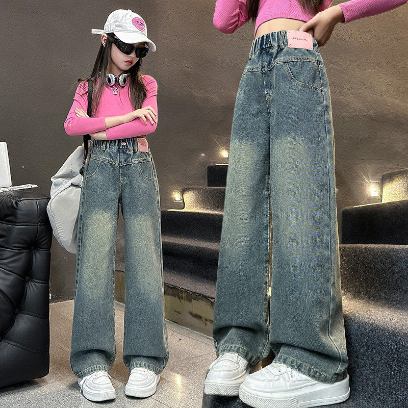 新款儿童女童裤女孩宽松大童裤子直筒秋冬牛仔裤秋季腿加绒阔2025