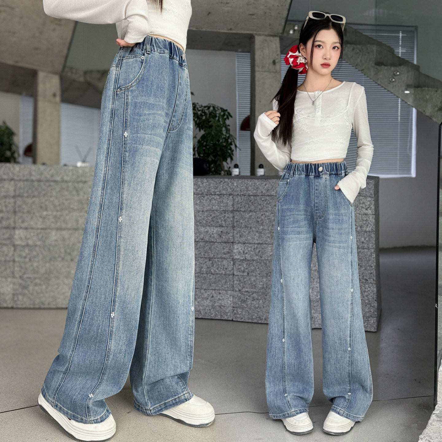 2026春秋洋气时髦女童大童儿童阔腿新款牛仔裤休闲裤子裤春款春季