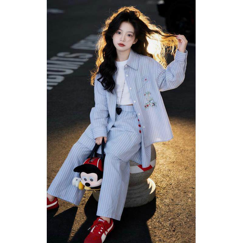 套装衬衫长袖2026春秋春装衬衣新款韩系儿童屁帘裤条纹女童两件套