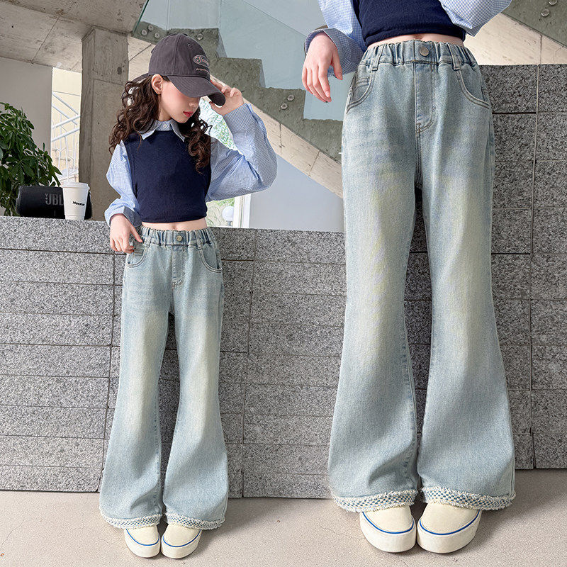 喇叭裤百搭弹力春秋女童长裤2026修身牛仔裤休闲高腰新款花边脚口