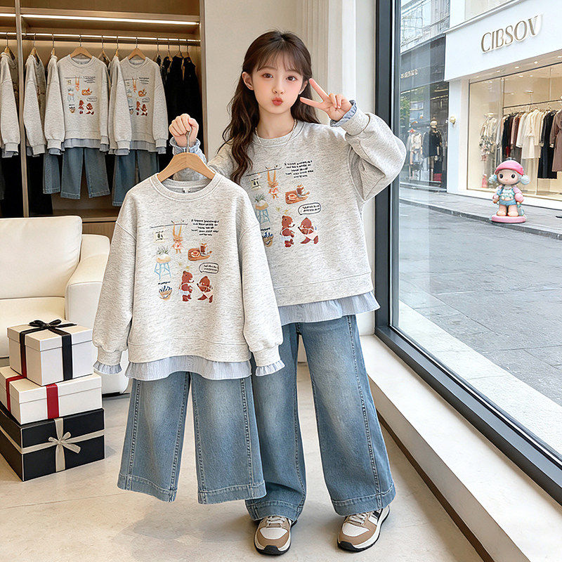 女童两件套套装女大童春秋衣服春季牛仔裤款新款2026春装儿童休闲