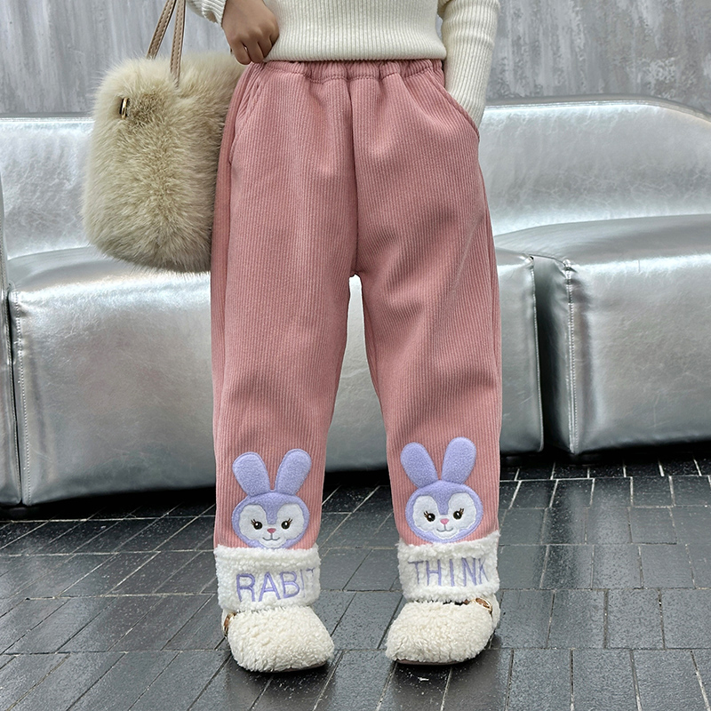 女宝宝兔子一体绒直筒裤冬装2024新款小女孩加绒加厚保暖休闲长裤