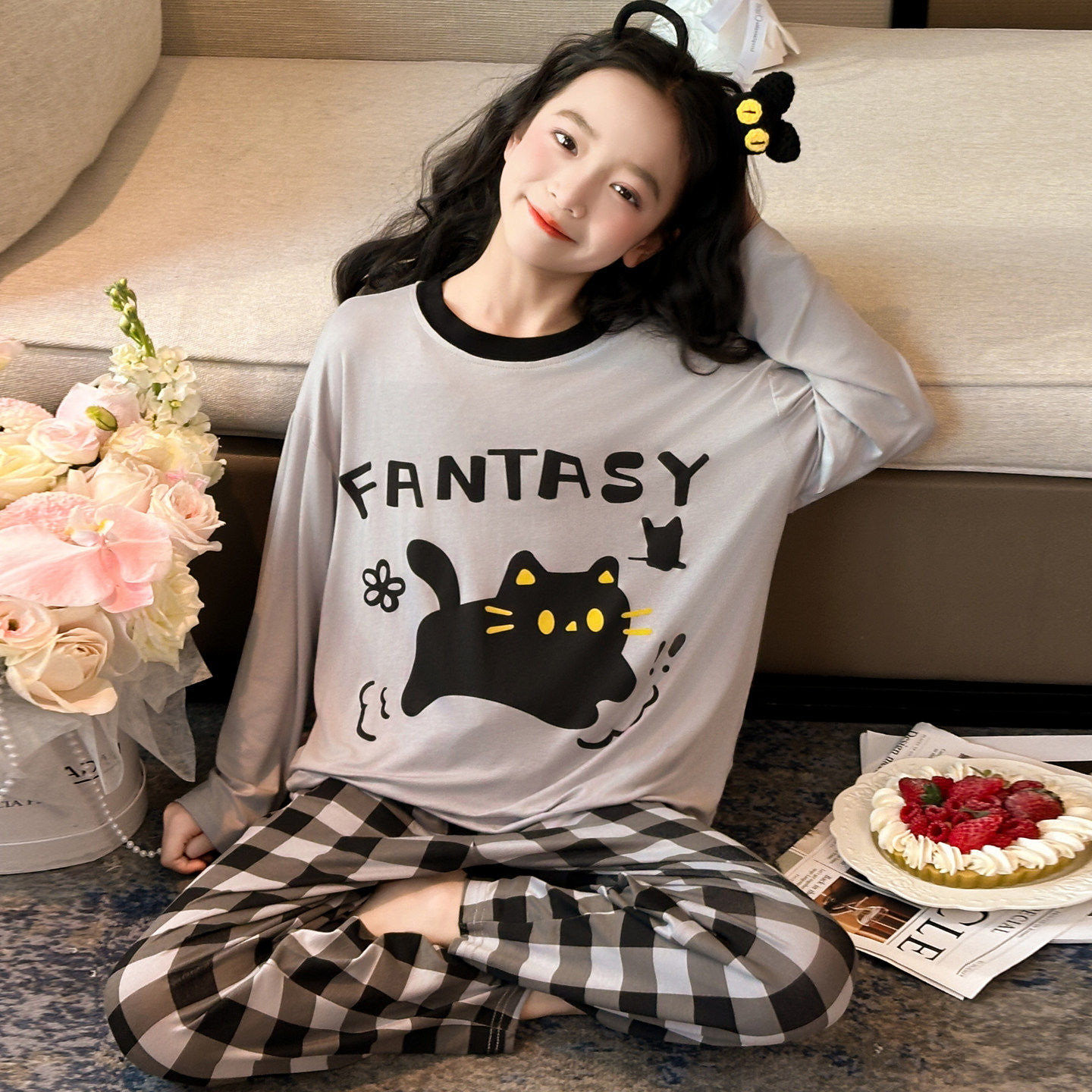 家居服洋气中大童睡衣2026女孩春秋两件套新款长袖女童空调莫代尔