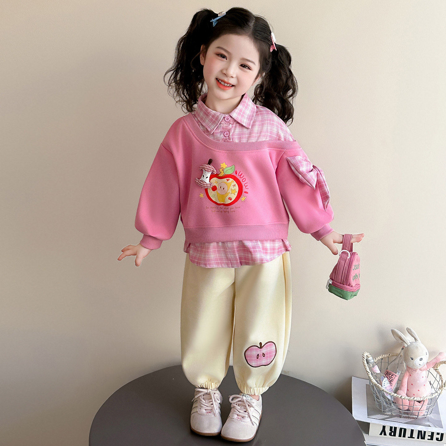 韩版2026春装儿童时髦好看超宝宝格子春季休闲卫衣假套装两件女童
