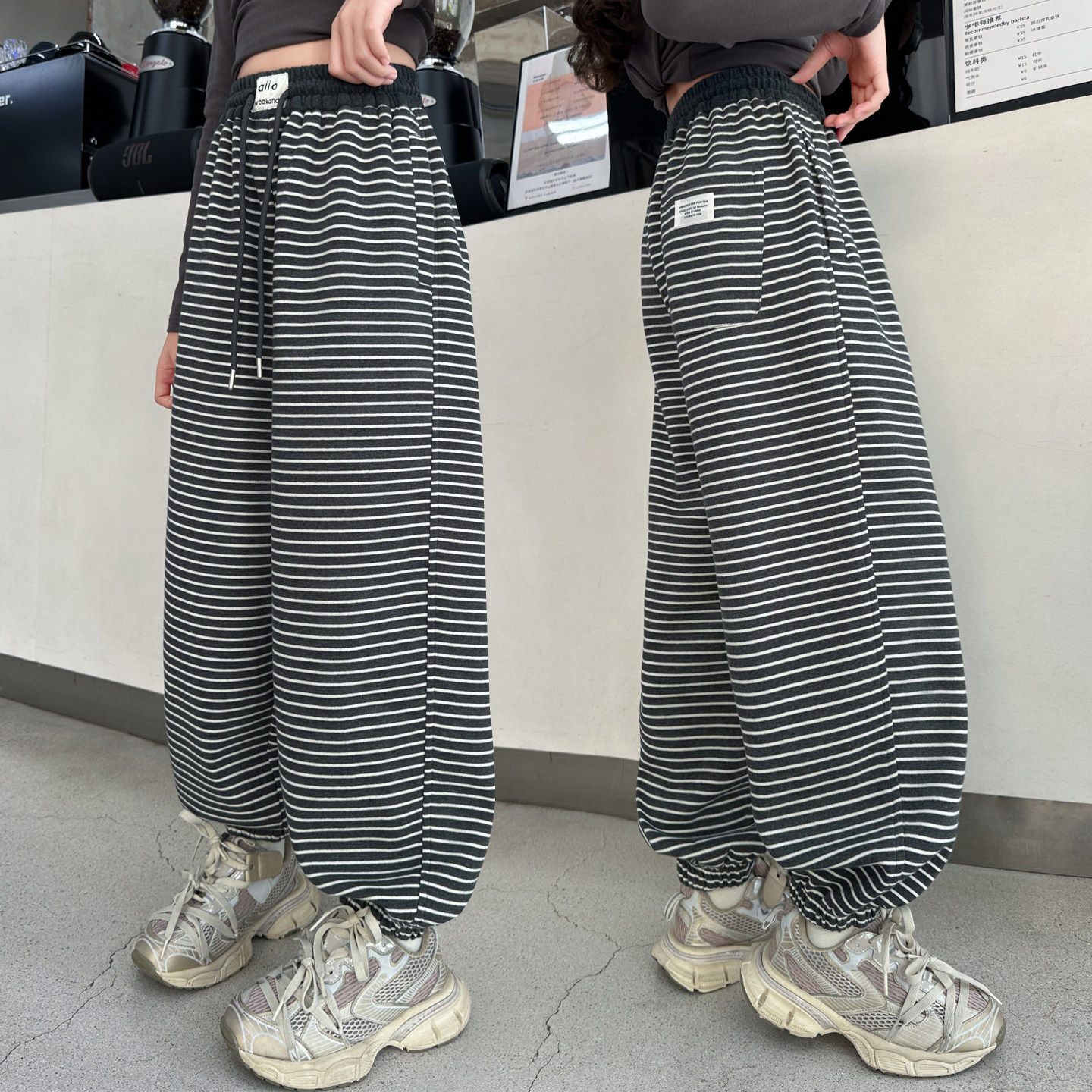 网红童女装条纹束脚裤大儿童女童运动装春季潮裤子裤卫裤休闲洋气
