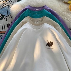wassup happy小猫长袖t恤男春秋季重磅美式潮牌上衣服休闲打底衫图片