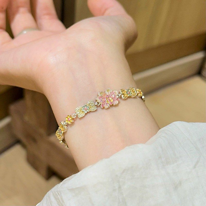 9999足银描金珐琅蝴蝶花飞蝶舞手链新国风精致设计高级礼