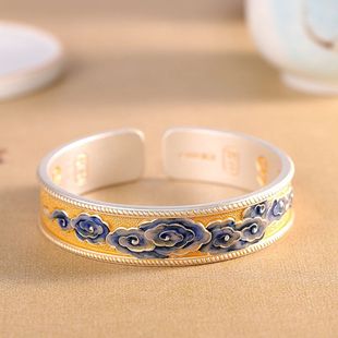 吉言开口宽版 人品银品足银999.9珐琅描金青花祥云手镯新中式 银镯