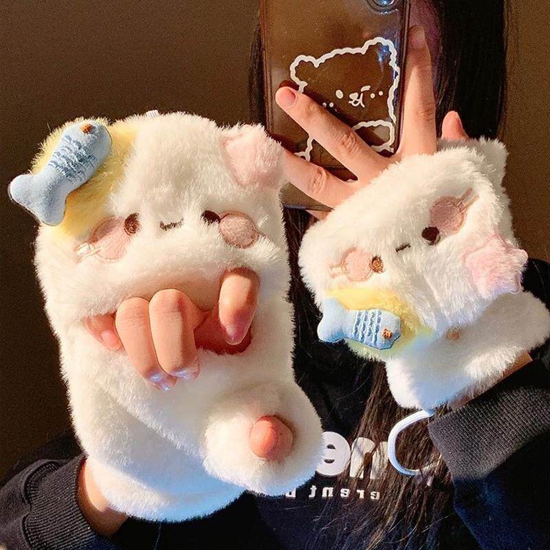儿童秋冬季手套加绒保暖手套可爱卡通猫咪毛绒手套女冬季翻盖半指