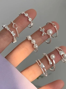 S925纯银爱心珍珠戒指女轻奢高级感气质素圈开口戒食指戒洋气指环