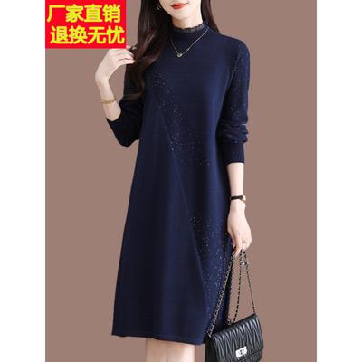 蕾丝半高领羊毛衫毛衣裙女秋冬中长款宽松配大衣妈妈装打底连衣裙