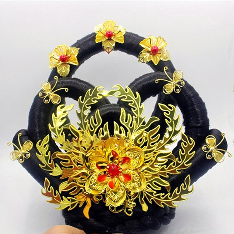 汉唐宫敦煌舞美人黑色发髻红色牡丹花饰品全新古风仙女飞天假发包