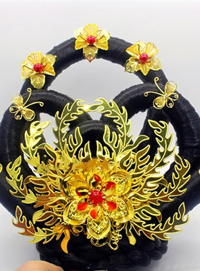 汉唐宫敦煌舞美人黑色发髻红色牡丹花饰品全新古风仙女飞天假发包