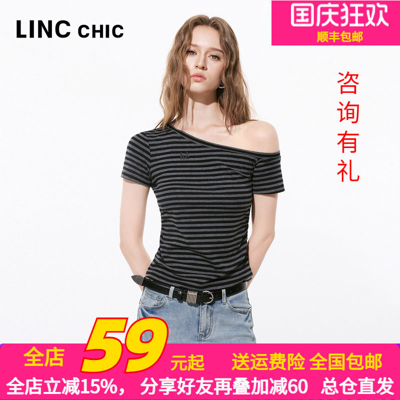 金羽杰美式复古露肩横条纹T恤