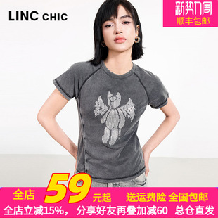 重工做旧圆领T恤女S252FK216Y 短袖 LINCCHIC金羽杰2025年夏季 新款