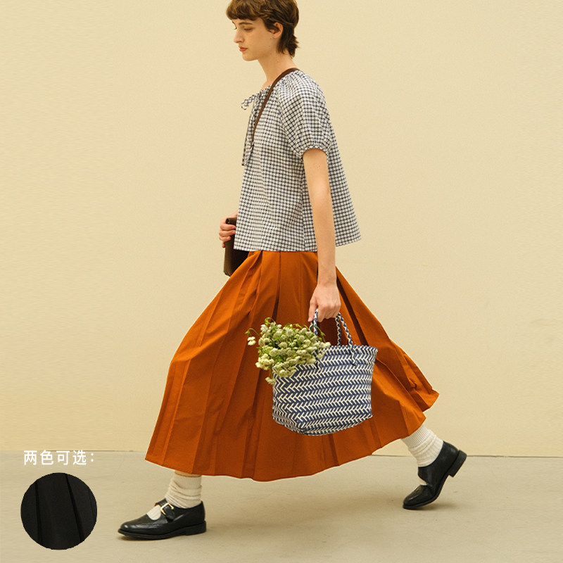 素白已然复古宽褶长半身裙