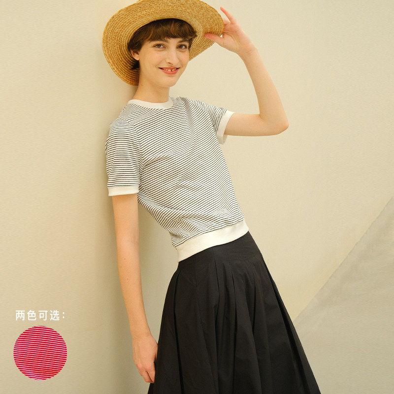 ECRU SOLI 素白已然 夏 日杂女孩 经典法式细条纹 百搭短款TEE