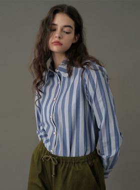 ECRU SOLI 素白已然 法式简约通勤 红色扣眼 基础款竖条纹蓝衬衫
