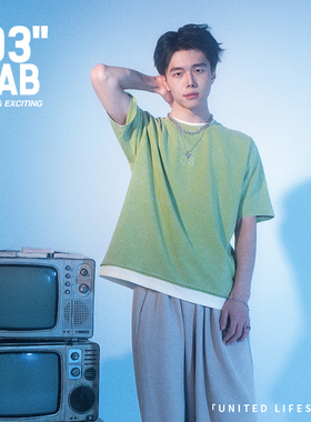 青岛03零叁 定番纯色logo百搭宽松水洗假两件中性圆领短袖T恤