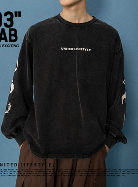 青岛03零叁 24FW做旧水洗破洞堆袖设计印花个性休闲纯棉长袖T恤