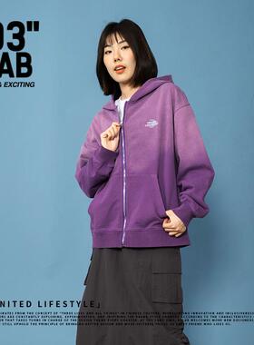 青岛03零叁 做旧水洗复古宽松渐变标语刺绣印花拉链连帽帽衫卫衣