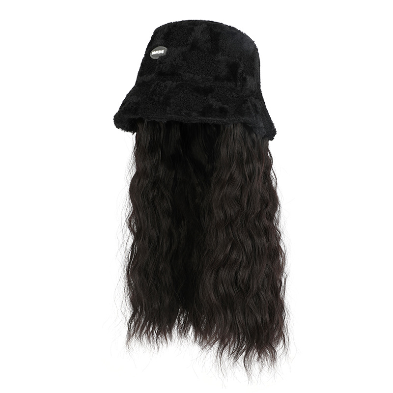 帽子假发秋冬新款女时尚慵懒一体毛绒渔夫帽假发玉米须假发帽现货