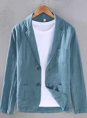 亚麻商务休闲西服夹克外套男麻布男装青年全麻布料西装便服单西
