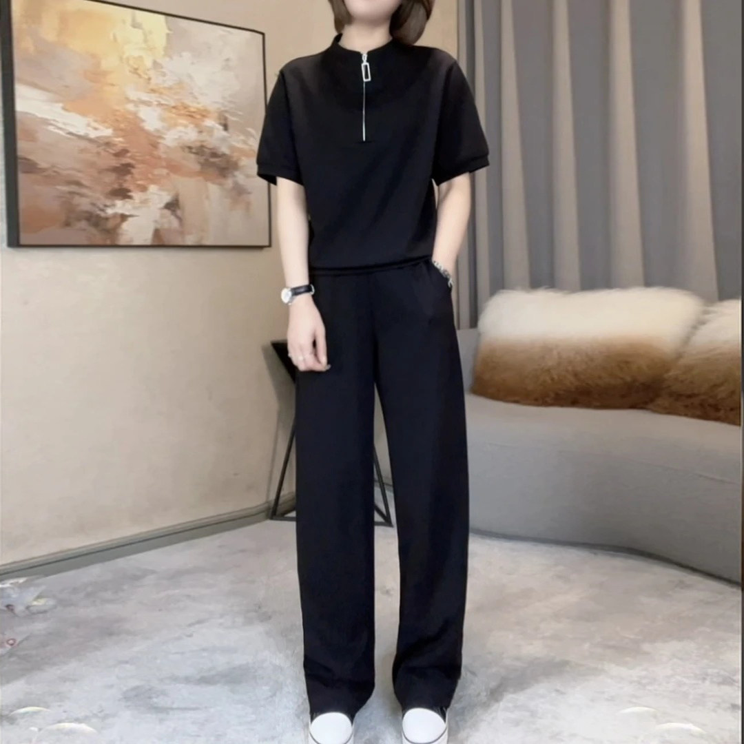 短袖卫衣套装女2025春夏季新款休闲时尚洋气显瘦遮肉直筒裤两件套