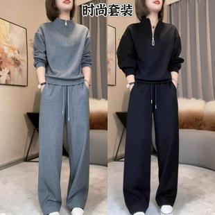 休闲运动套装女2025春季新款纯色简约百搭休闲显瘦卫衣长裤两件套