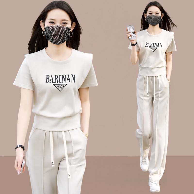 时尚休闲运动服套装女2025夏季新款飞飞袖短袖上衣阔腿裤两件套潮