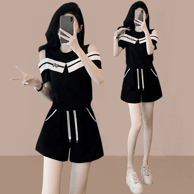 休闲运动套装女露肩短袖两件套