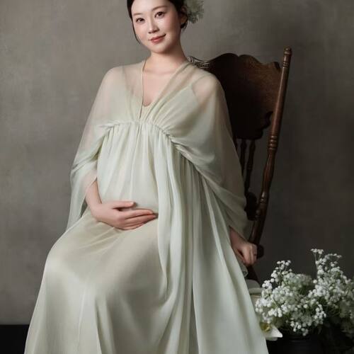 影楼新款孕妇拍照服装国风主题禅意绿色连衣裙