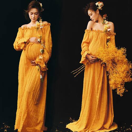 影楼新款孕妇拍照服装黄色纱布一字肩大肚妈咪写真拍照服装