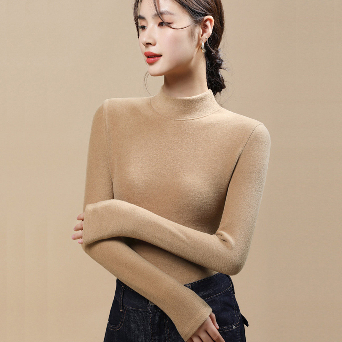 半高领德绒打底衫女秋冬长袖上衣T恤