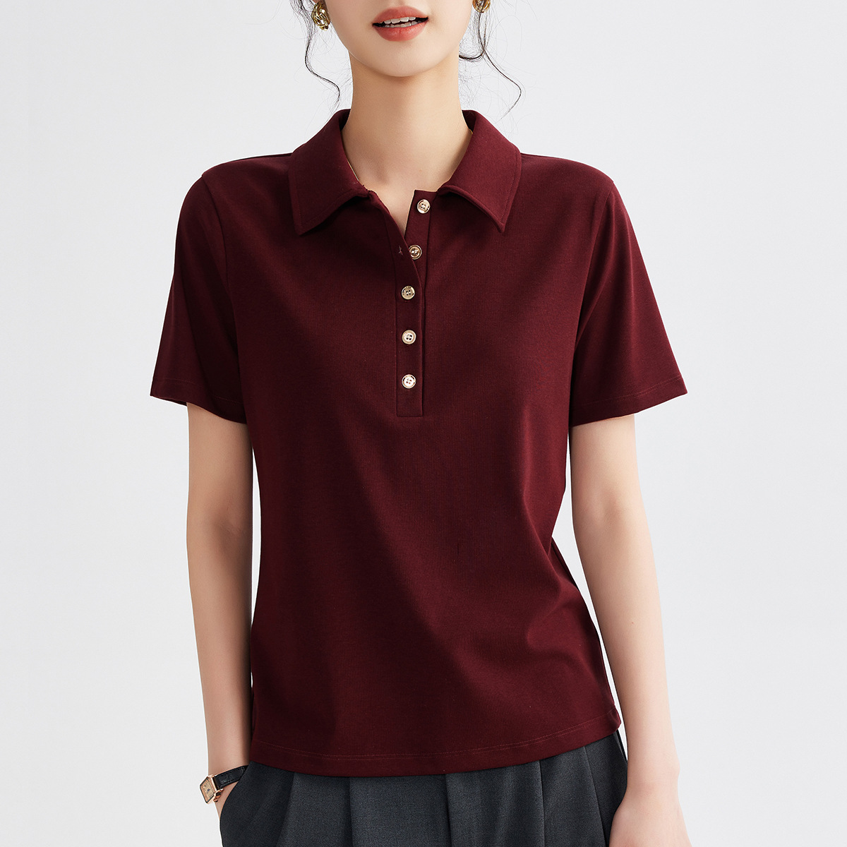 2025新款轻氧感翻领短袖T恤女夏季POLO领正肩修身显瘦打底衫上衣