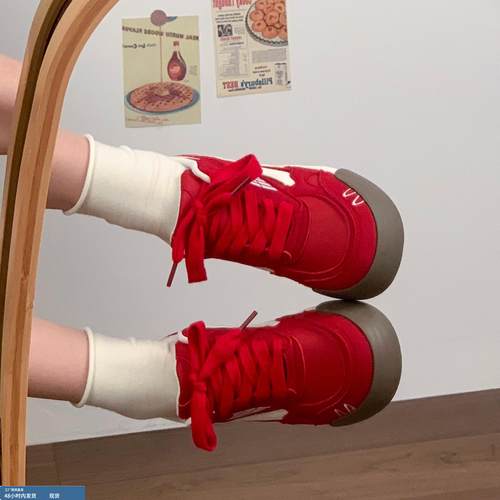 软羊皮~红色德训鞋女秋季新款圆头板鞋百搭厚底休闲鞋增高运动鞋