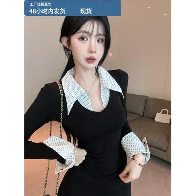 法式波点拼接polo领长袖t恤女秋冬假两件加绒内搭修身打底衫上衣