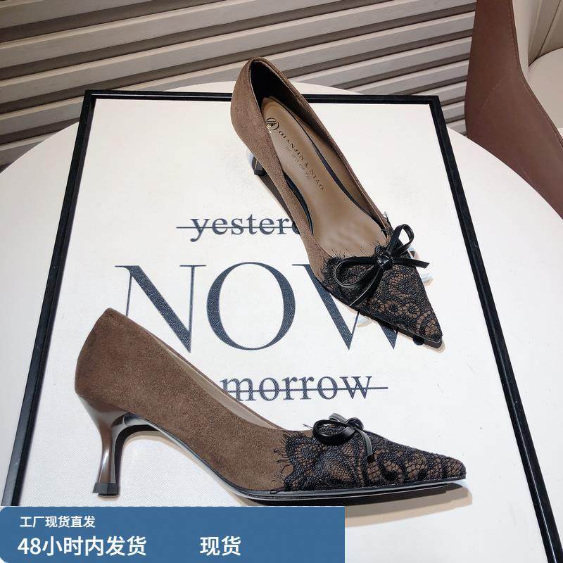 绝美性感蕾丝蝴蝶结细跟猫跟鞋女韩版尖头绒面浅口中跟单鞋通勤鞋