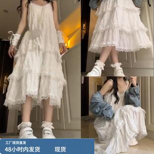 2025新款五一出游出片穿搭度假白色吊带洋装子女夏蛋糕裙小白裙