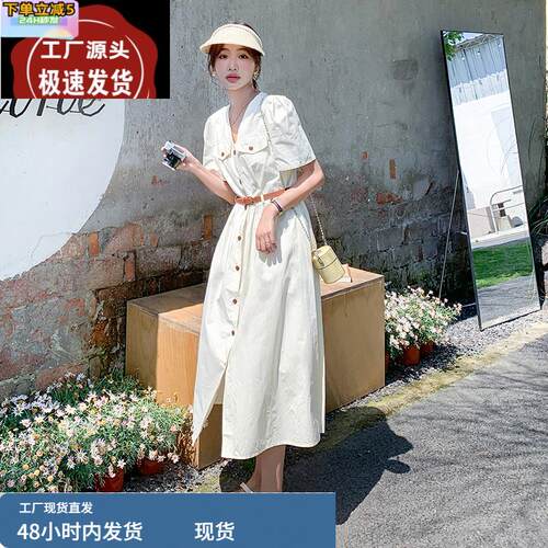 独特漂亮工装风白色V领连衣裙女夏2025超好看高级感气质掐腰长裙