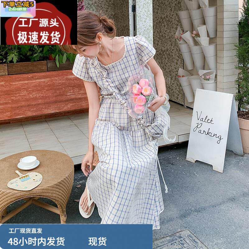复古文艺风格子连衣裙女夏2025年独特漂亮减龄气质大方得体连身裙
