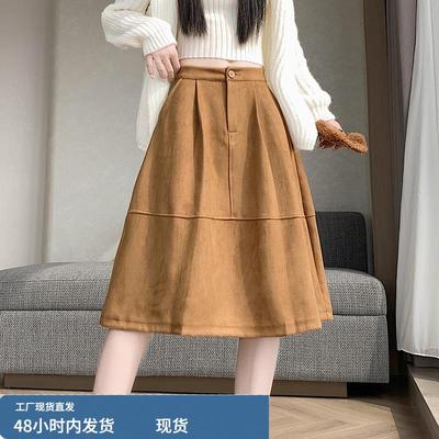 鹿皮绒半身裙子女士春秋冬季2025年新款小个子百褶a字高腰中长裙