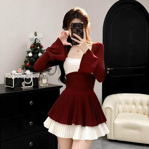 优雅小香风U领长袖连衣裙女秋冬季新年圣诞穿搭撞色收腰百褶短裙