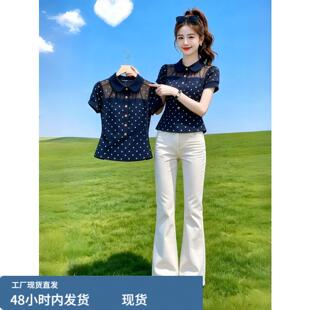 法式藏青色波点娃娃领修身短袖衬衫衬衫女士2026夏季白领别致上衣