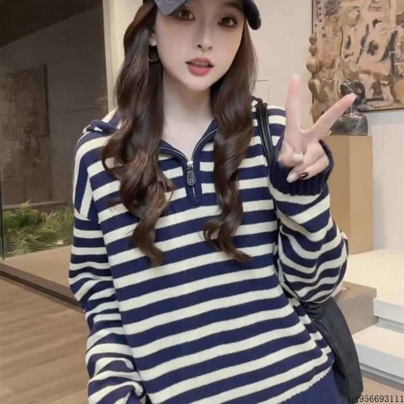 韩系穿搭半拉炼条纹连帽毛衣女2025秋冬新款慵懒宽松针织衫上衣潮